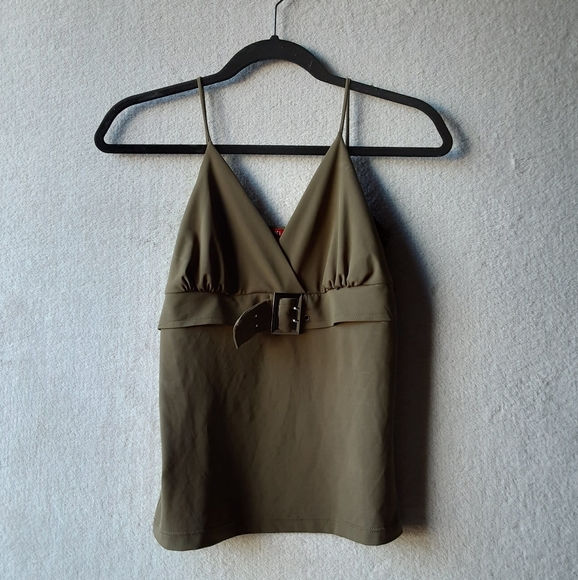 Xi Tops - Olive Green V Neck Wrap Belted Tank Top
